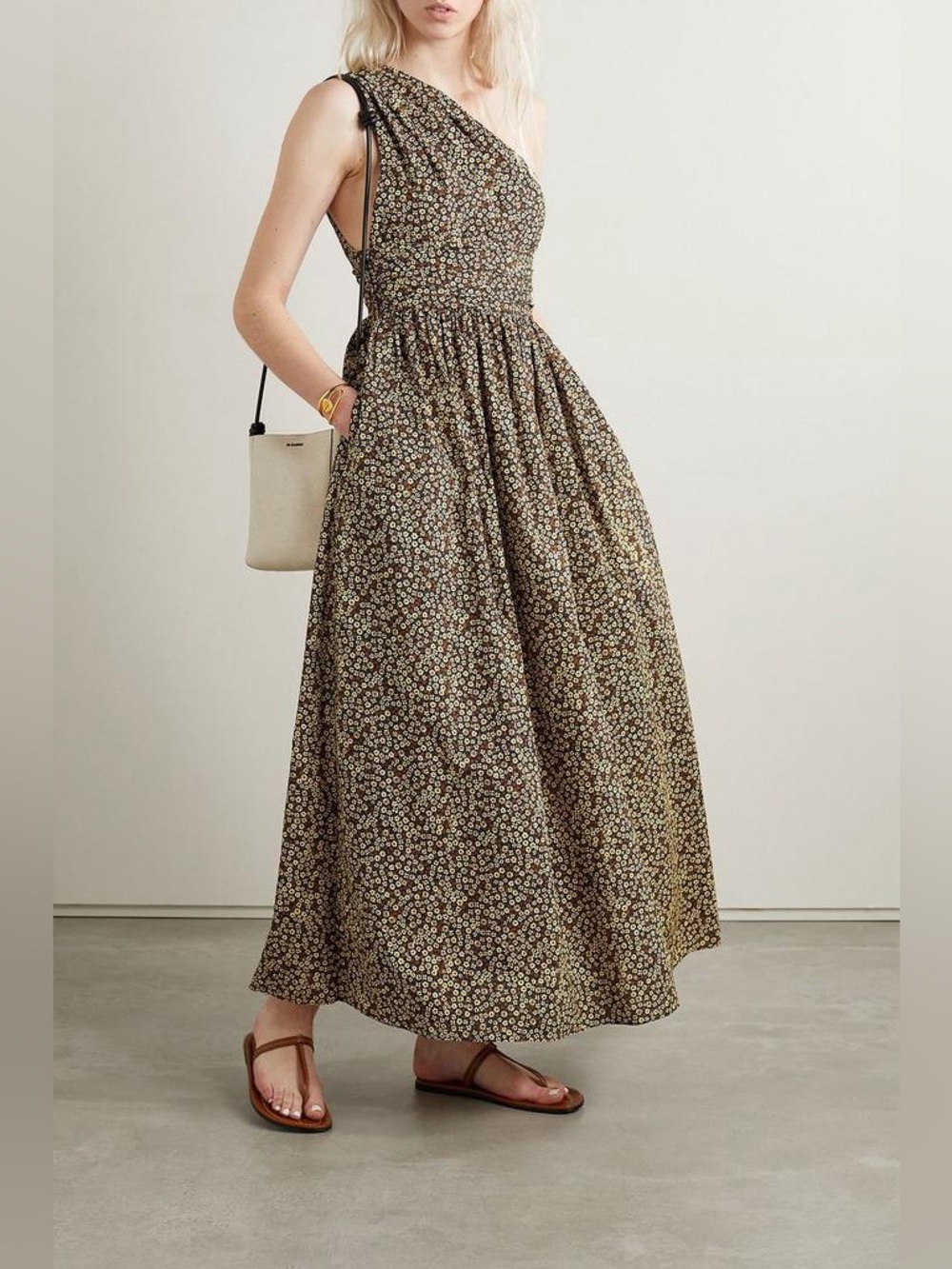 Matteau Gathered One-Shoulder Floral Print Organic Cotton Maxi Dress Sz 10 US